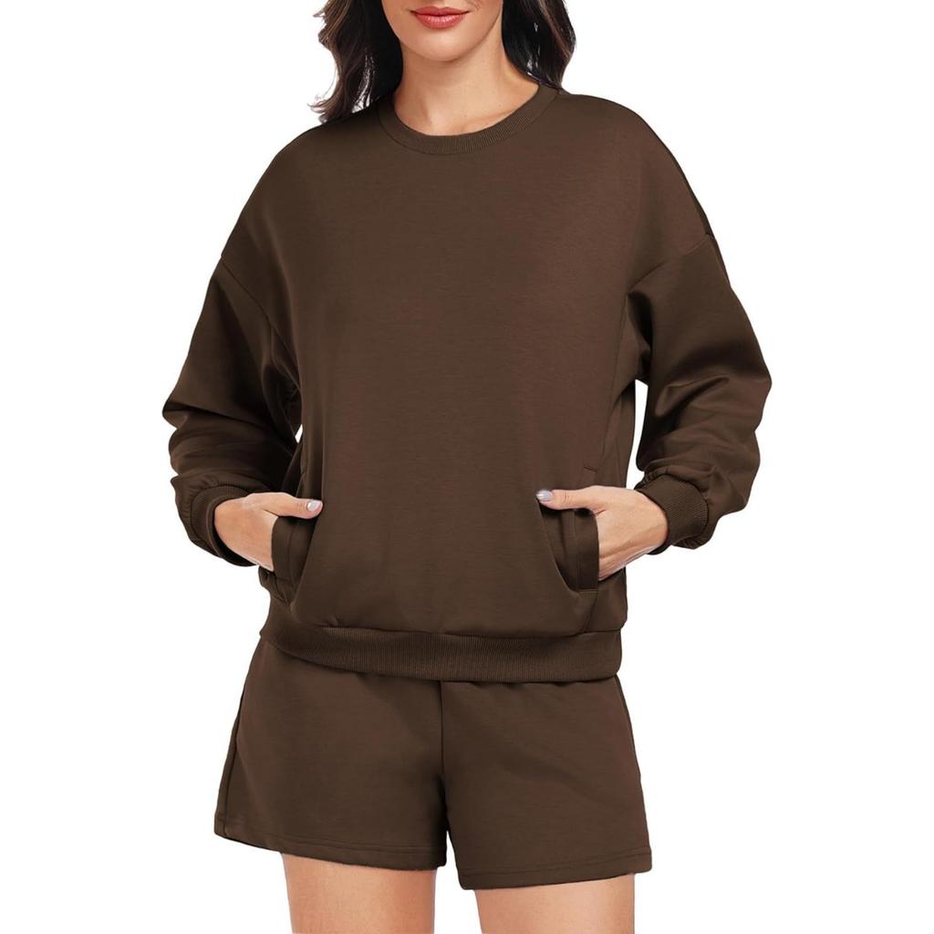 Women's Loose Tracksuit Long Sleeve Sweatshirt Elastic Waist Shorts Casual Loungewear Set