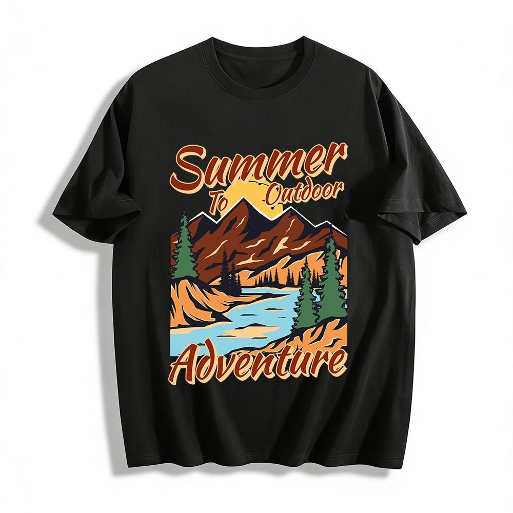 Summer Outdoor Adventure Mountain River Graphic Casual Tee Pure cotton T-shirt XXS