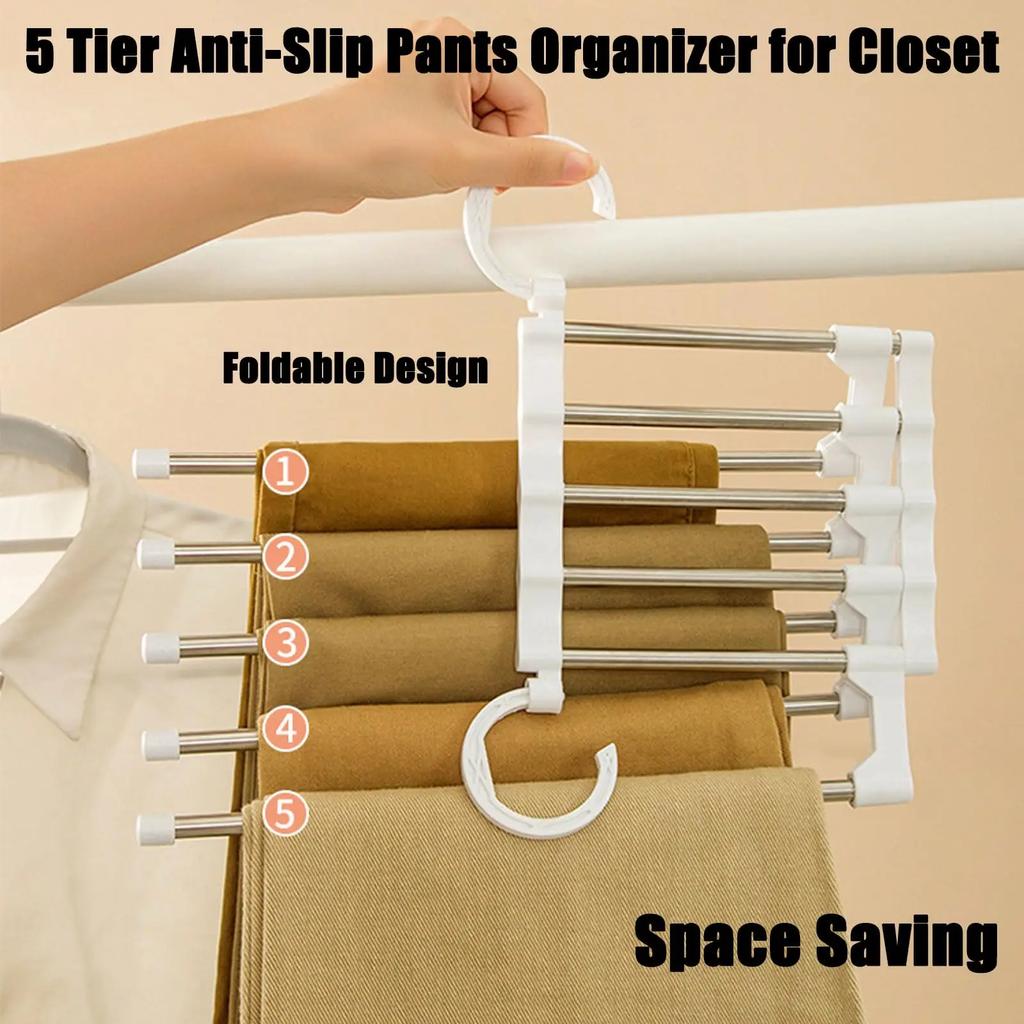 5 In 1 Magic Trouser Rack Hangers Stainless Steel Folding Pant Rack Tie Hanger Shelves Bedroom Closet Organizer Wardrobe Storage