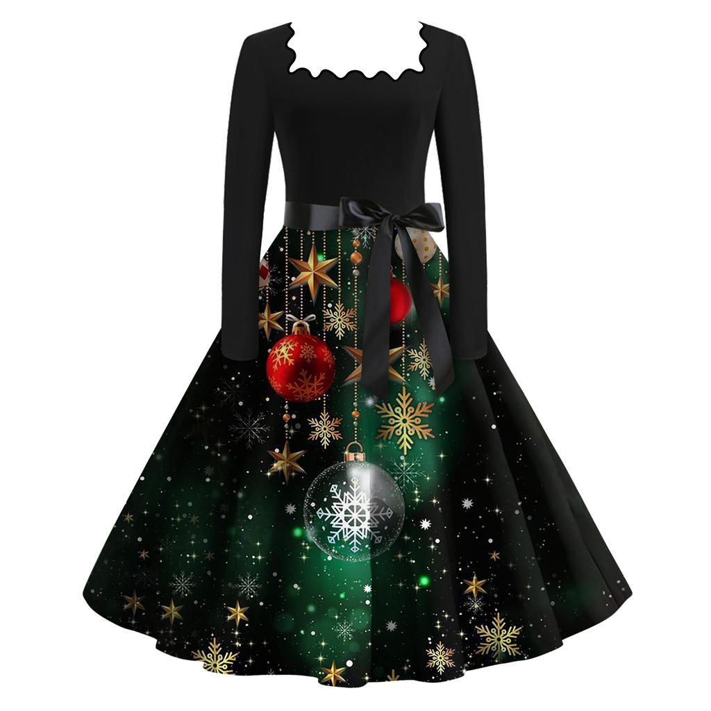 Women's Fashion Square Neck Casual Slim Christmas Printed Long Sleeve Dresses