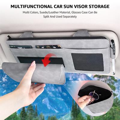 Car Sun Visor Storage Bag Leather Suede Multi-Pocket Sun Visor Organizer Box Car Glasses Clip Card Holder Storage Pockets