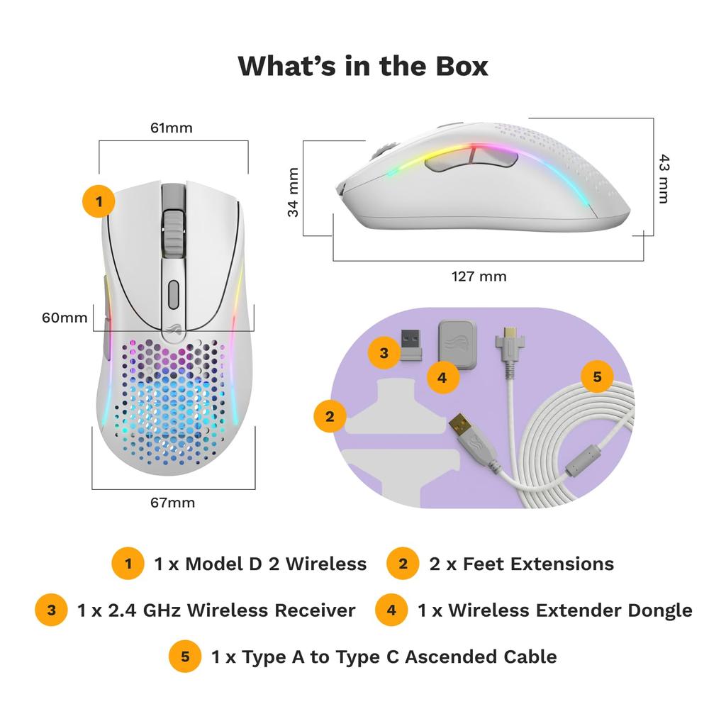 Glorious Model D 2 Wireless Matte White Gaming Mouse MS0720 Wired/Wireless GLO-MS-DWV2-MW