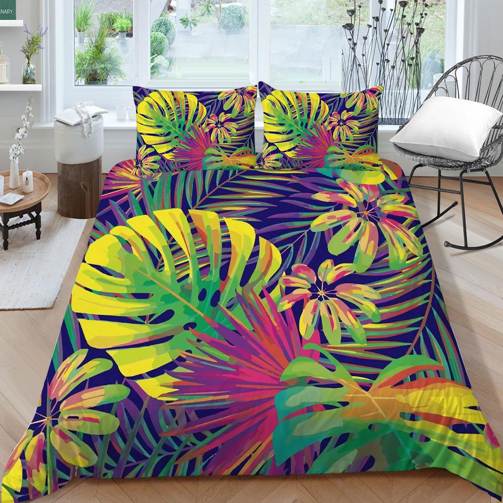 Rodinné povlečení Jednolůžko Jednolůžko v plné velikosti Rostlinný tisk Série Povlečení Vzor listů Povlak na polštář a povlak na přikrývku Pratelná domácí dekorace