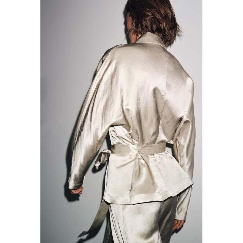 Zbzr Autumn New Women Clothes Fashion Silk Satin Texture Blazers Pleated Pants 8408676 8356676