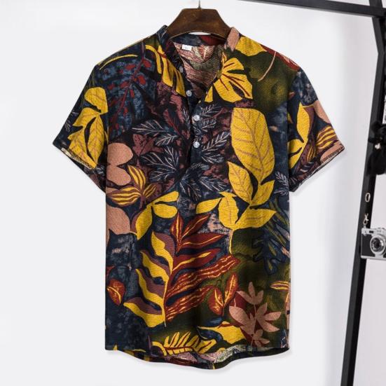 Men Beach Shirt Colorful Geometric Print Short Sleeves Buttons Turn-down Collar Cooling Loose Vintage Ethnic Men Shirt Men Clothes