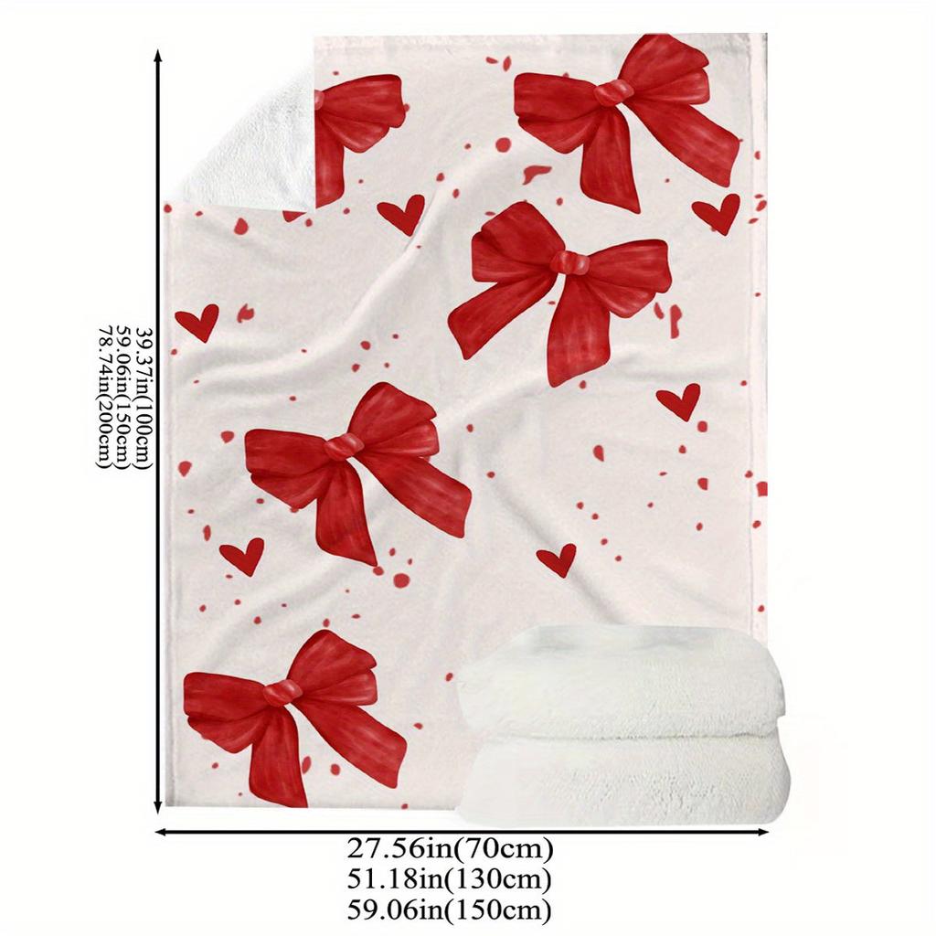 Bows and Hearts Design Pattern Flannel Printed Blanket Suitable for All Seasons Suitable for Living Room Office Sofa and Travel