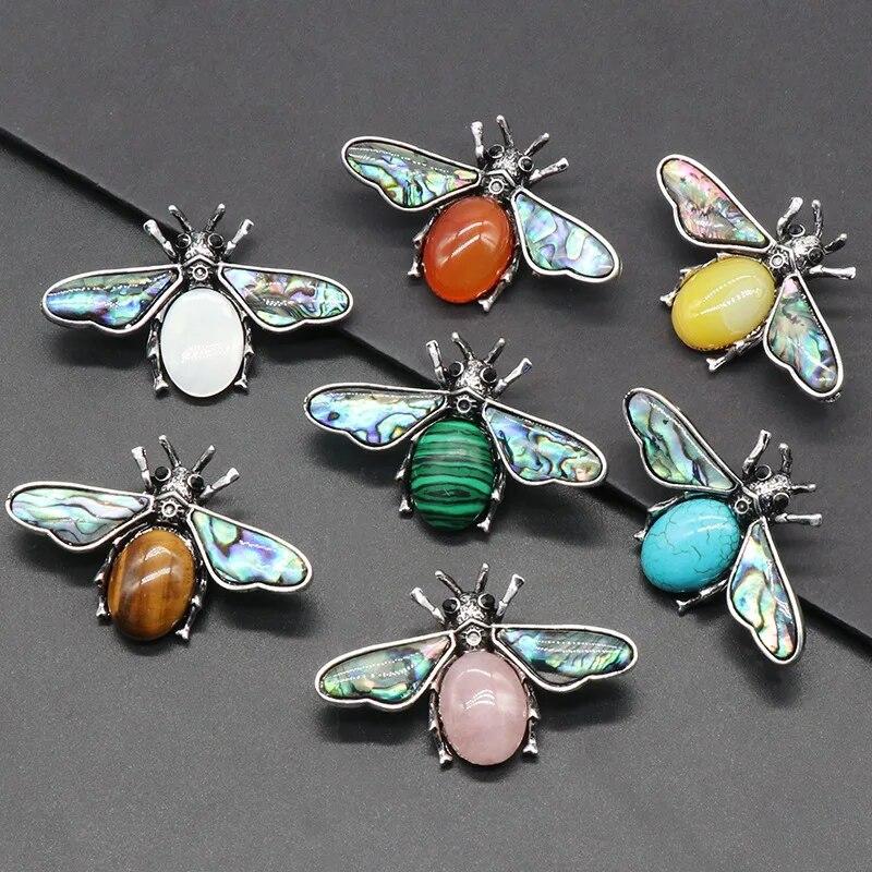 35x56mm Cute Bee Shape Pendant Natural Stone Crystal Agate Abalone Shell Brooch Charms for Jewelry Making DIY Necklace Accessory