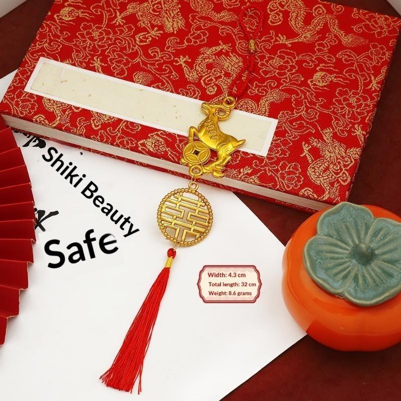 Lunar New Year 2027 Goat Hanging Ornament Gold Lucky Design Red Tassels for Spring Festival Family Gathering Decor