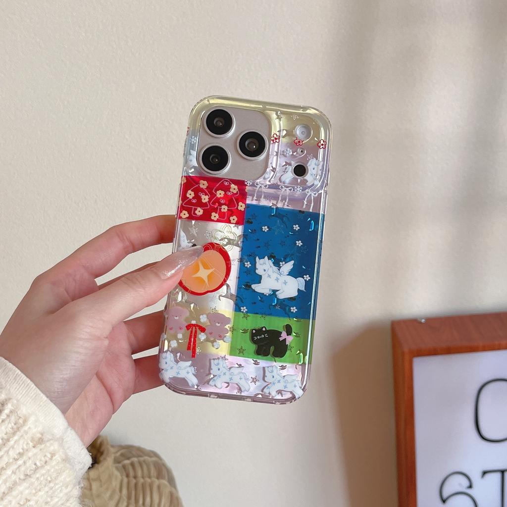 Kawaii Patchwork Einhorn & Katze Muster Perlen Pony Anhänger Riemen Handyhülle für iPhone 17 16 15 14 11 12 13 Pro Max Plus Rückseite