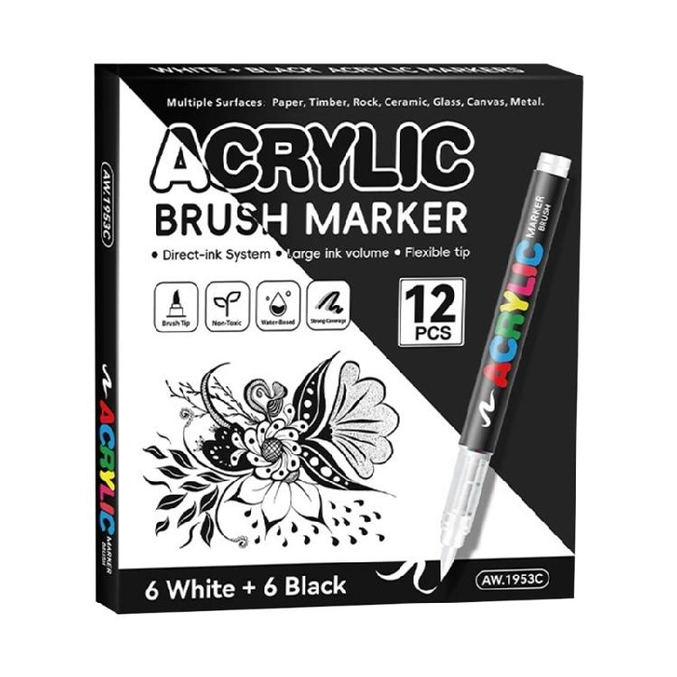 

12Pcs Acrylic Paint Pen Brush Tip Acrylic Paint Marker White/Black for Card Making Painting on Paper Wood Metal Stone