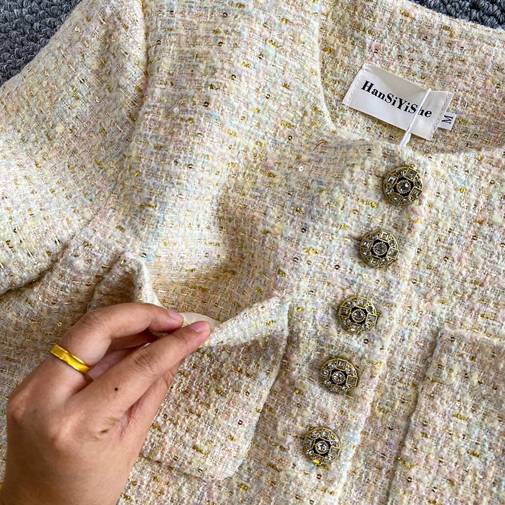 Autumn Winter Women Elegant Little Fragrant Wind Full Sleeve Single Breasted Tweed Short Jacket Coat With Pocket