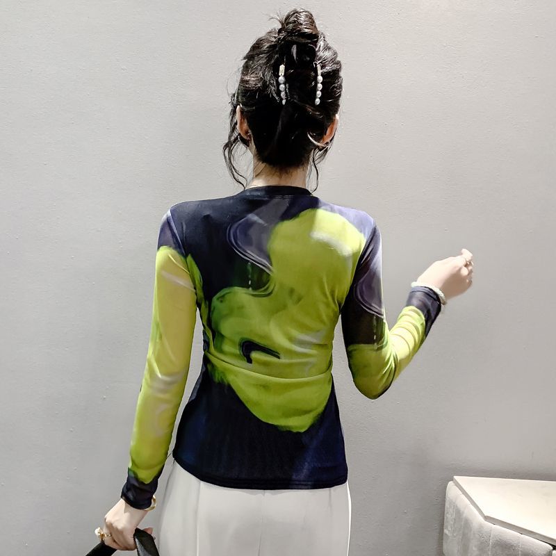 Long-sleeved Women Autumn Clothing Mesh Tops Printed Color Matching T-shirt Fashionable Autumn Clothing Bottoming Shirt