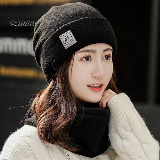 2 Pcs/Set Lady Winter Beanie Scarf Sert Knitted Elastic Ear Protection Brimless Windproof Cap Neck Wrap Set Outdoor Cycling Skiing Headwear