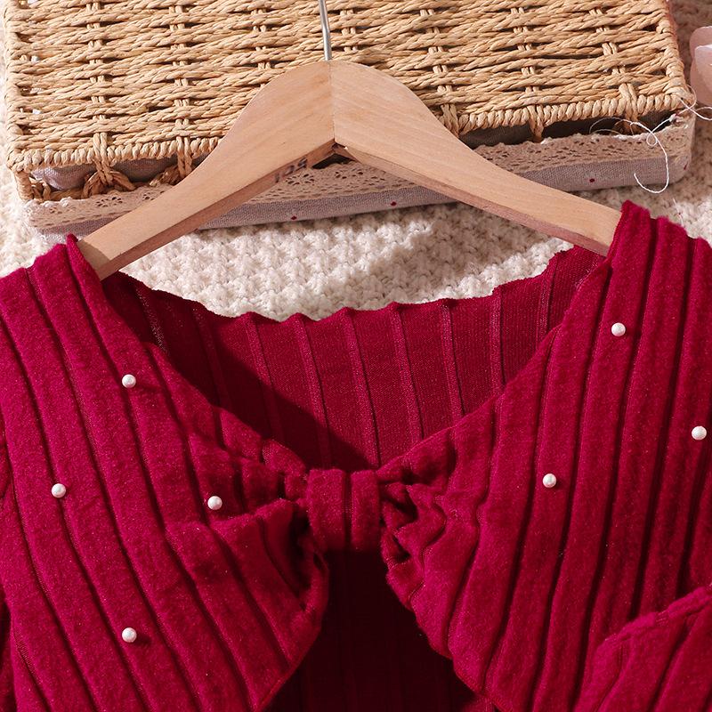 Big Girl Autumn Winter New Knitted Long Sleeve Beaded Blouse Strap Dress Set