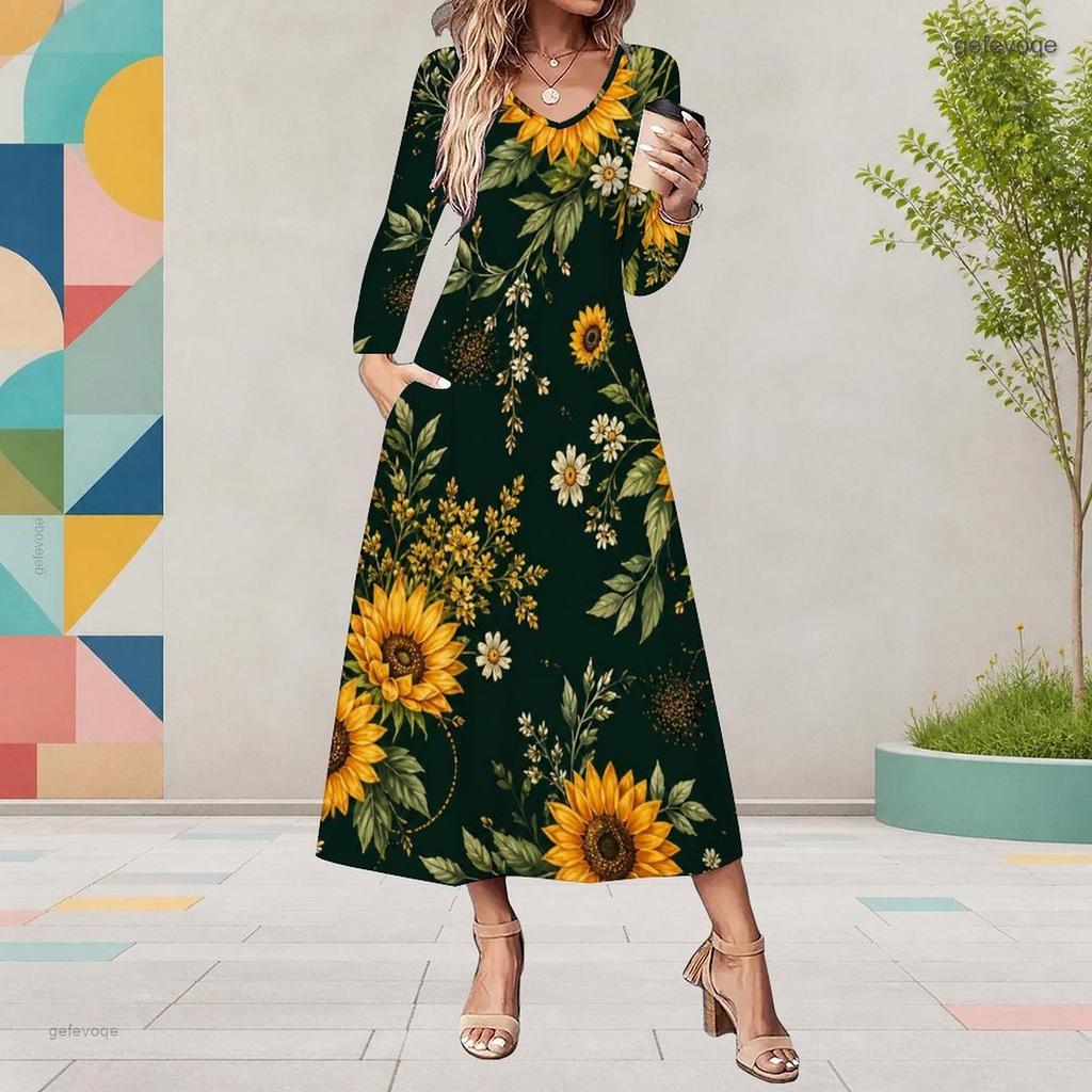 Women Plus Size V Neck Long Sleeve White Floral Printed A Line Midi Dress With Pockets