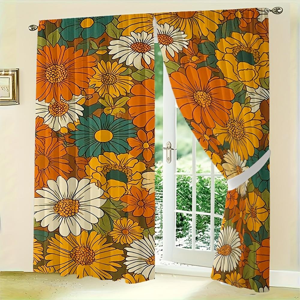 Grooviges 70er Jahre Gänseblümchen Vorhang Set 2 Stück Stangentasche Halbtransparent für Wohnzimmer Schlafzimmer Dekoration