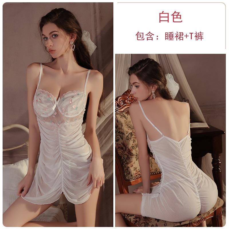 Sexy underwear pleated mesh perspective seduction embroidery lace steel ring gathering sexy nightdress set
