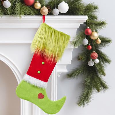 2026 Christmas Socks Long Haired Green Fur Grinch Elements Christmas Socks Candy Bag Christmas Pendant Gift Bag