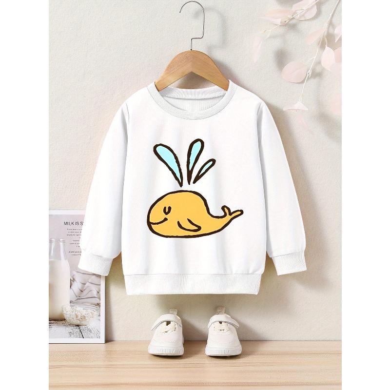 Kids' Cartoon Whale Applique Crew Neck Sweatshirt - Casual Pullover , Regular Fit, Slight Stretch Fabric, Ideal for Spring/Fall