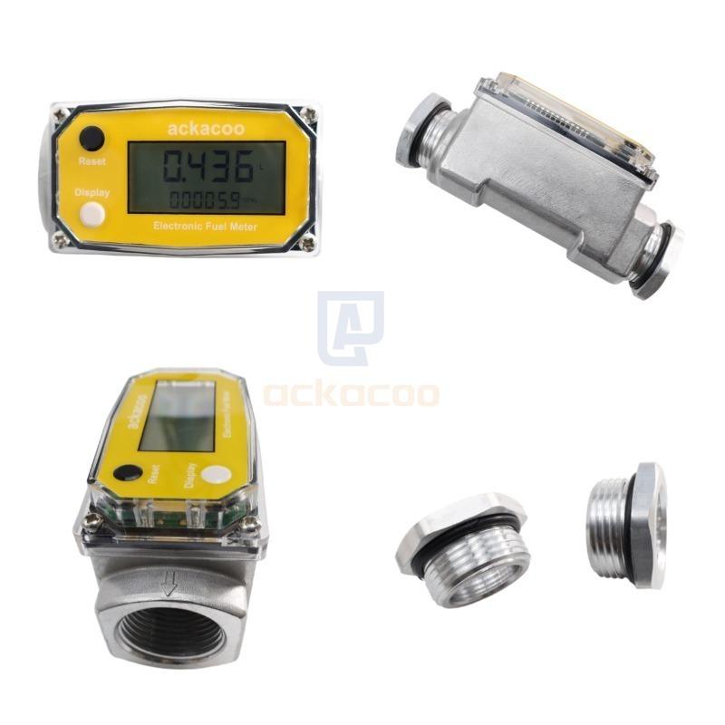 1 Inch Digital Turbine Fuel Flow Meter 2.6-26 GPM Inline NPT Thread Flowmeter 3/4 in Adapters for Water Diesel Gas Oil Liquids