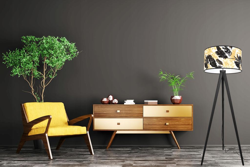 Stehlampe Dreibein Lampenschirm Goldene Blumen LED