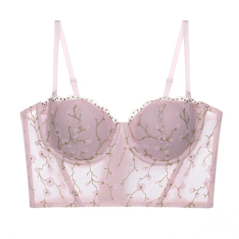 French sexy vest half cup bra thin embroidered upper support thin underwear set with suspender bra inside
