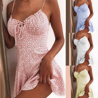 Women Sexy Spaghetti Straps Chest Bandage Floral Print Large Hem Slim Mini Dress