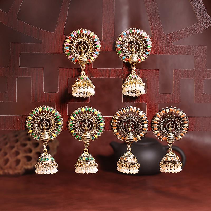 Ethnic Style Painted Peacock Bell Pearl Earrings Unique Design Color-blocking Peacock Tail Tassel Earrings for Women