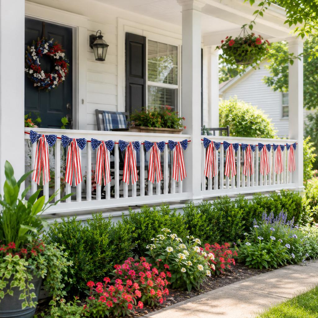 Patriotic Star Bow Tassel Banner Hanging Decoration for Memorial Day Independence Day Party Indoor Outdoor Decor