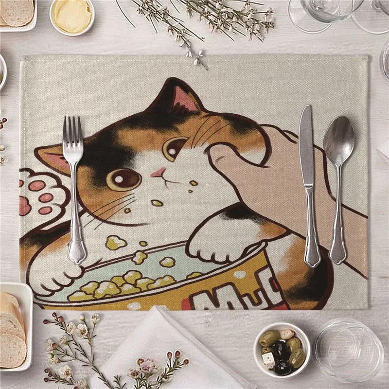 Cute Kiss Cat Pattern Kitchen Placemat Dining Table Mats Drink Coasters Western Pad Cotton Linen Cup Mat 45*32cm
