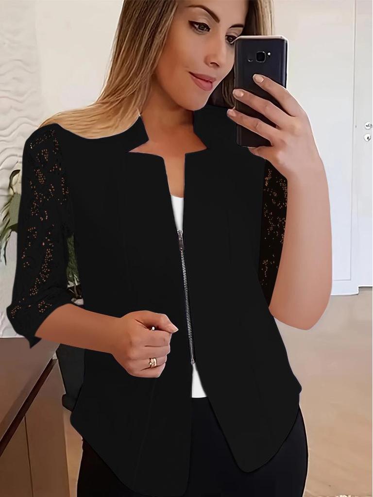 2024 Einfarbiger Blazer mit Reißverschluss und Spitzen-Halbarm - Professionelle & lässige vielseitige Jacke
