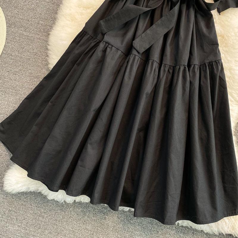 KOSY Puff Sleeve Sundress Women A Line Elegant Vintage Sweet Girl Fashion Midi Dresses Preppy Style Black Dress