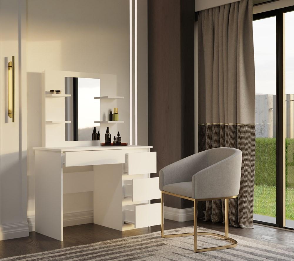Toeletta Marina 4P Specchio Mijas Destro 4 Cassetti 4 Ripiani Bianca Per Camera da Letto