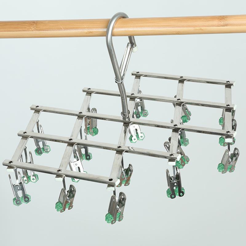 Stainless Steel Portable Folding Clothes Hanger with Multiple Clips for Socks & Drying