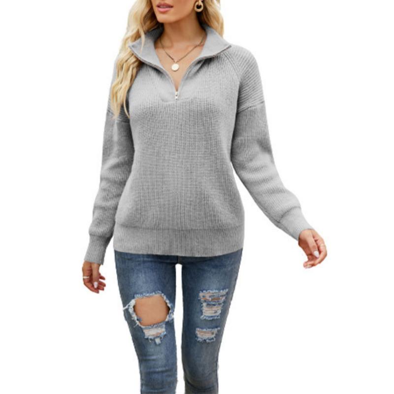 Women's Autumn/Winter Striped Colour Block Knit Long Sleeve Zip Lapel Sweater