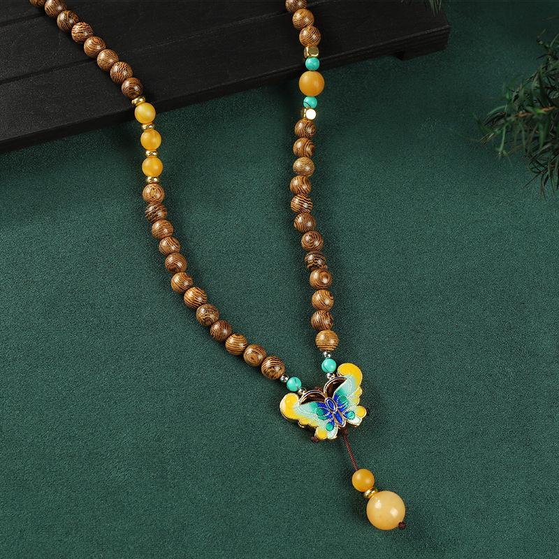 Retro Chinese wooden bead cloisonne necklace niche design medium and long sweater chain temperament literary women's accessories