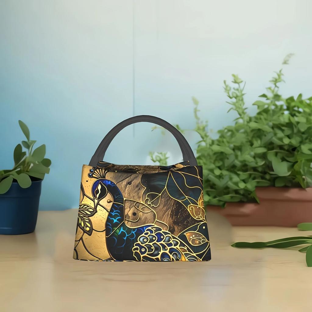 Insulated Lunch Bag - Elegant Golden & Blue Stained Glass Pattern, Reusable & Portable for Home, Office