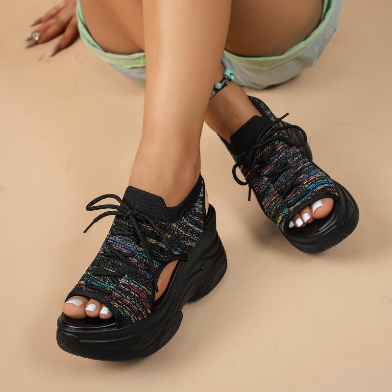Fashion Summer New Knitting Woven Lace-up Women's Sports Sandals Fashion Breathable Open Toe Wedge Heel Thick Sole Beach Casual Sandals