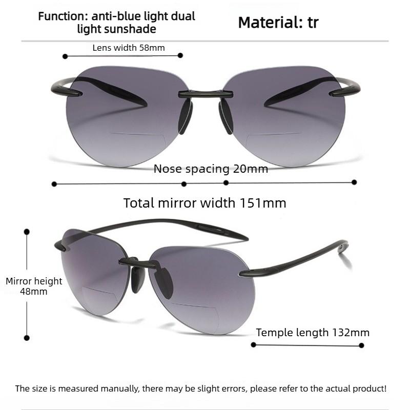 Rimless Frog-Eye Frame Presbyopia Sunglasses TR90 Frames Bifocal for Distance and Near Vision Outdoor Shades Reading Glasses