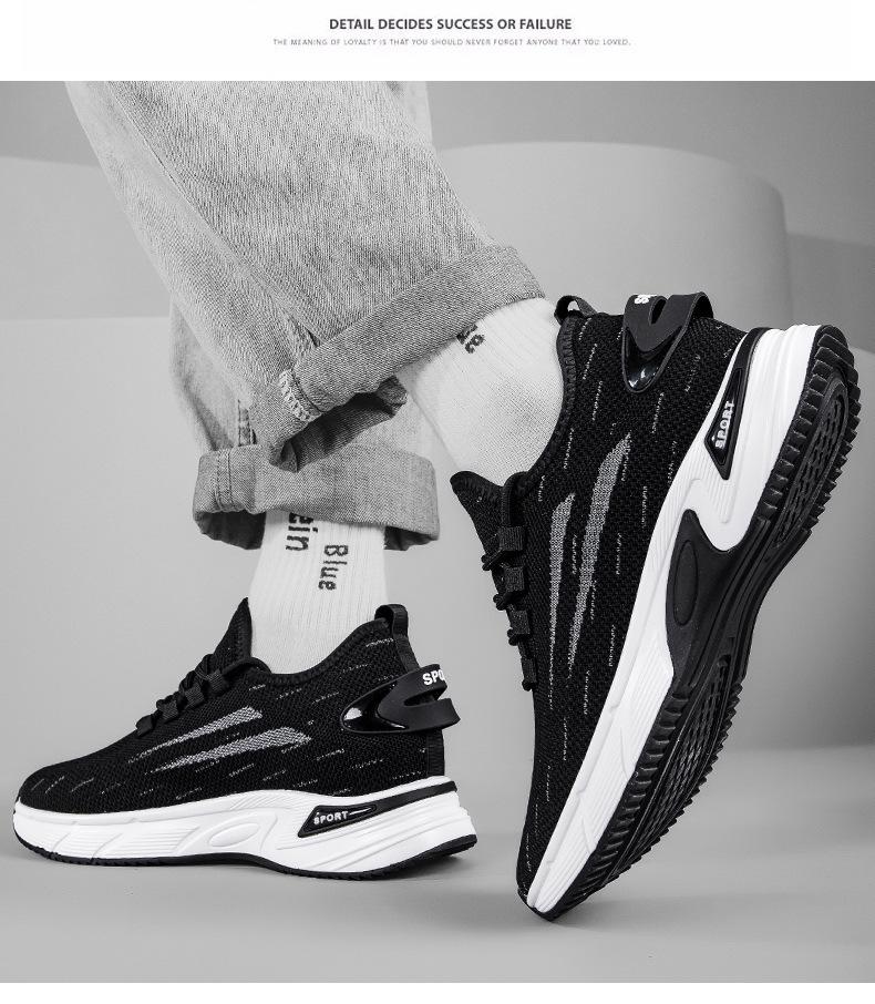 Men's 8CM Hidden Height Flyknit Running Shoes with Thick Platform Sole, Mesh Upper, White.