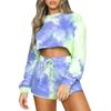 Damen 2PC Casual Tie-Dye Sweatshirt Set Langarm Top Kordelzug Hosen Sets