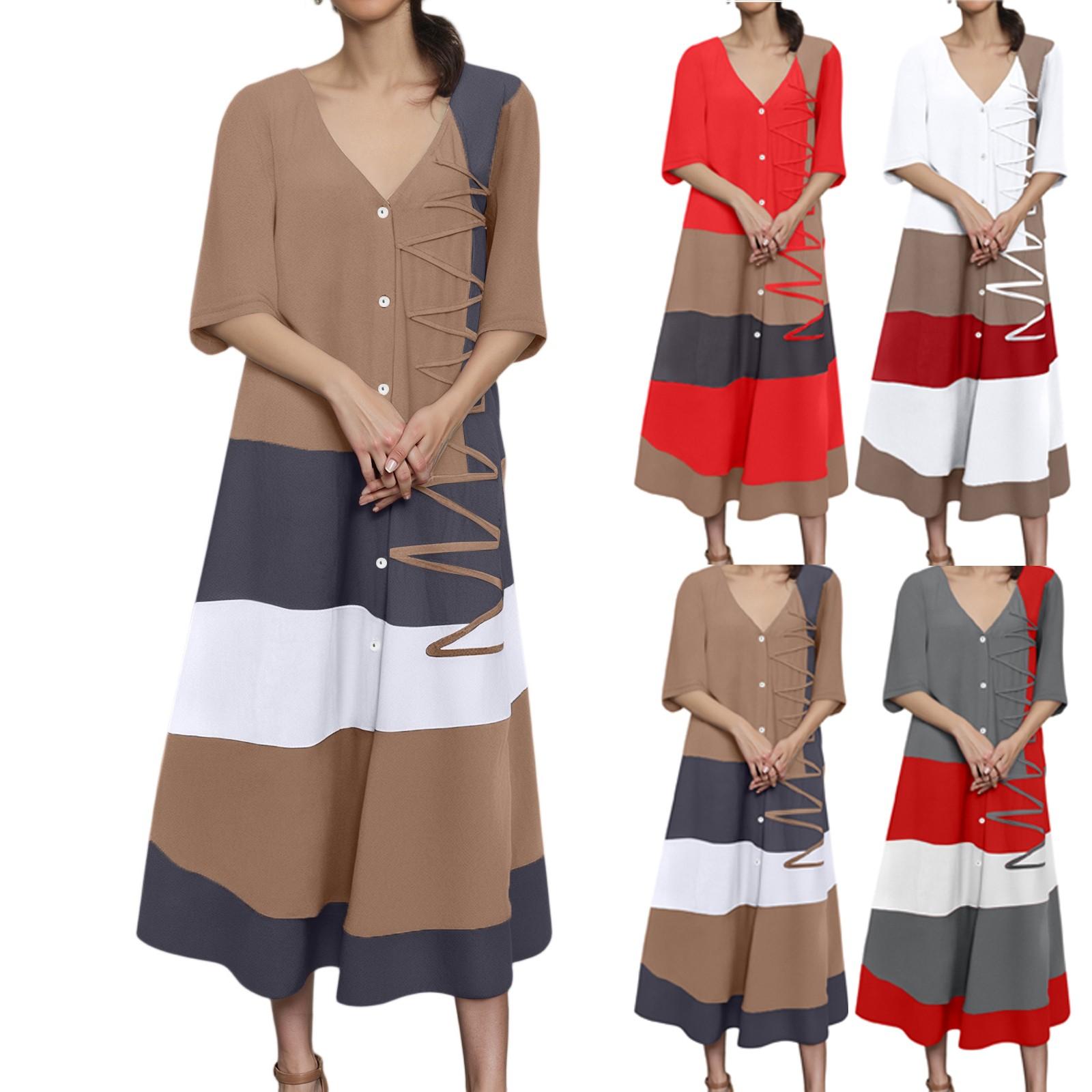 

Women s Fashionable V-neck Short Sleeved Button Casual Printed Long Dress M білий