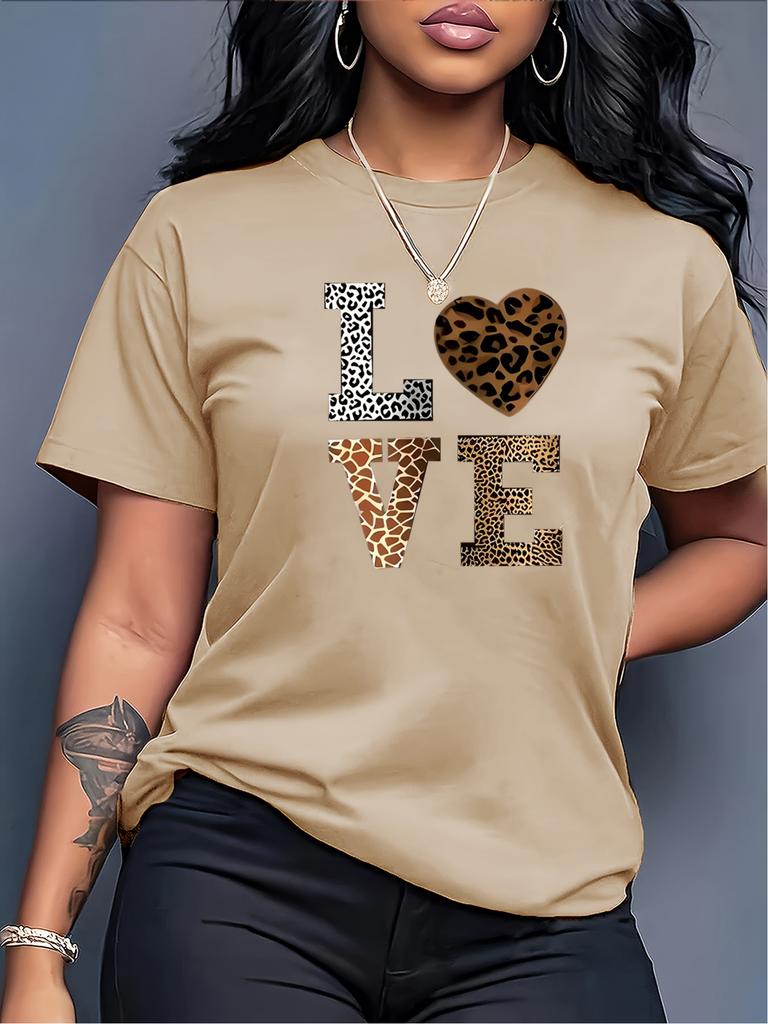 Fashion White Love Leopard Heart Pattern T-shirt Casual Round Neck Short Sleeves Casual T-shirt  Leopard Heart Pattern Harajuku