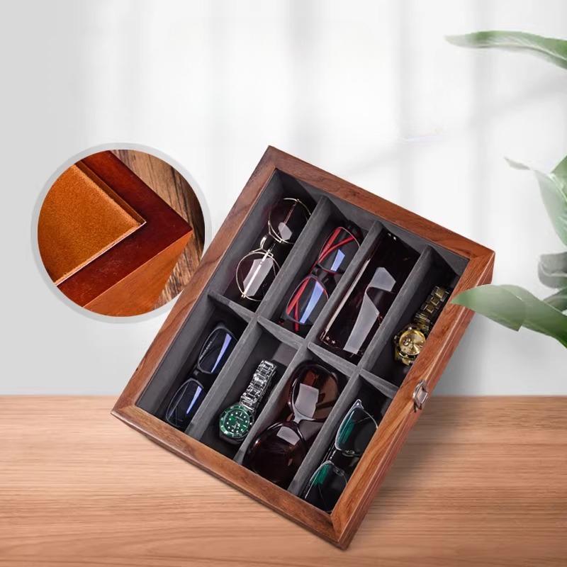 Walnut Wooden Glasses Case, Large Capacity Sunglasses & Watch Storage Box with Display Window for Travel and Home