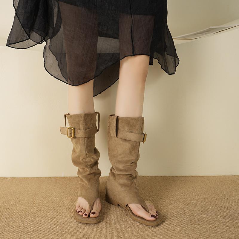 Two Wear Flip-Toe Suede Pleated Cool Boots 2024 New Western Cowboy Boots Spice Girls Pants Long Boots Sandals Women