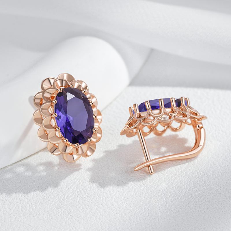 Classic Big Purple Natural Zircon English Earrings For Women Rose Gold Color Crystal Flower Daily Vintage Jewelry