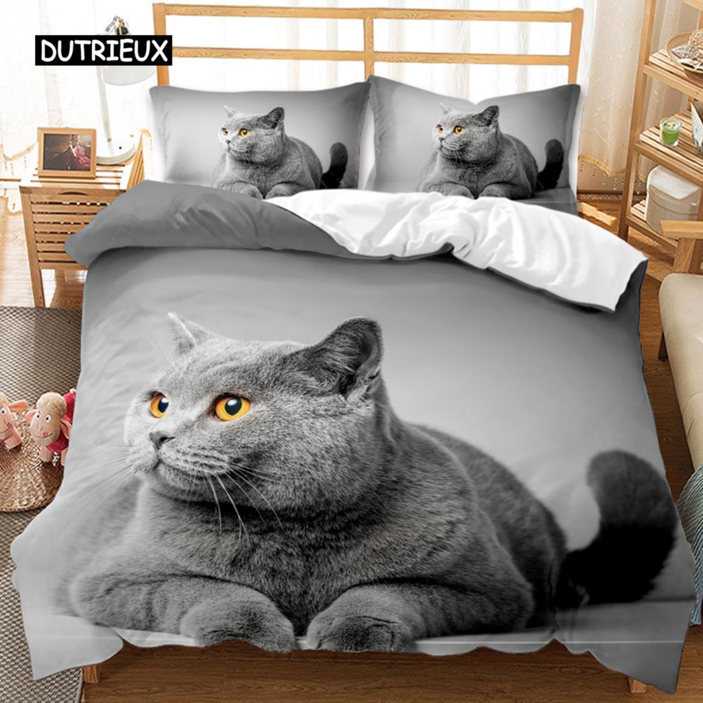 Katze Bettbezug Set Coole Katze mit Hut und scharfen Augen Tier Einzelbettwäsche Bettwäsche Queen King Size Polyester Steppdecke Bezug