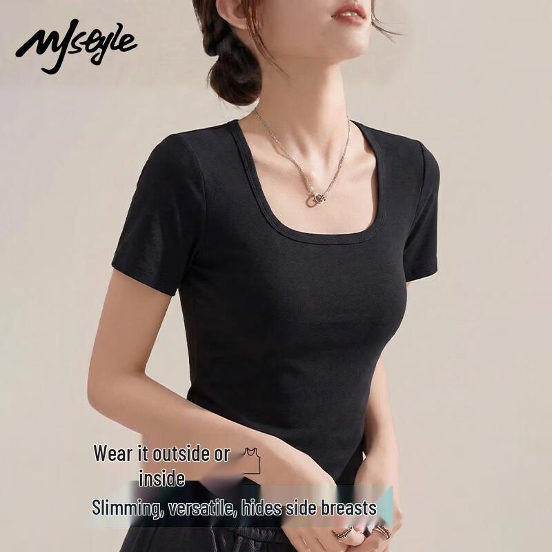 MJ STYLE Women s Square Neck Slim Fit Short Sleeve T-Shirt S