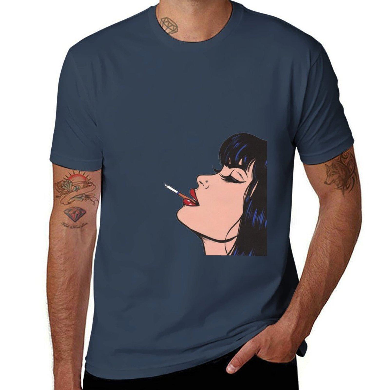 Pop art of girl smoking a cigarette TShirt Large Size Casual Short Sleeve Top S