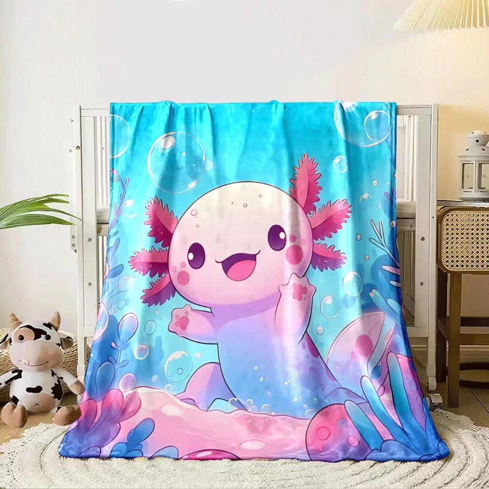 A cute, smiling axolotl surrounded by colorful underwater plants and bubbles. for all seasons blanket lunch break throw gift 80cm x 120cm